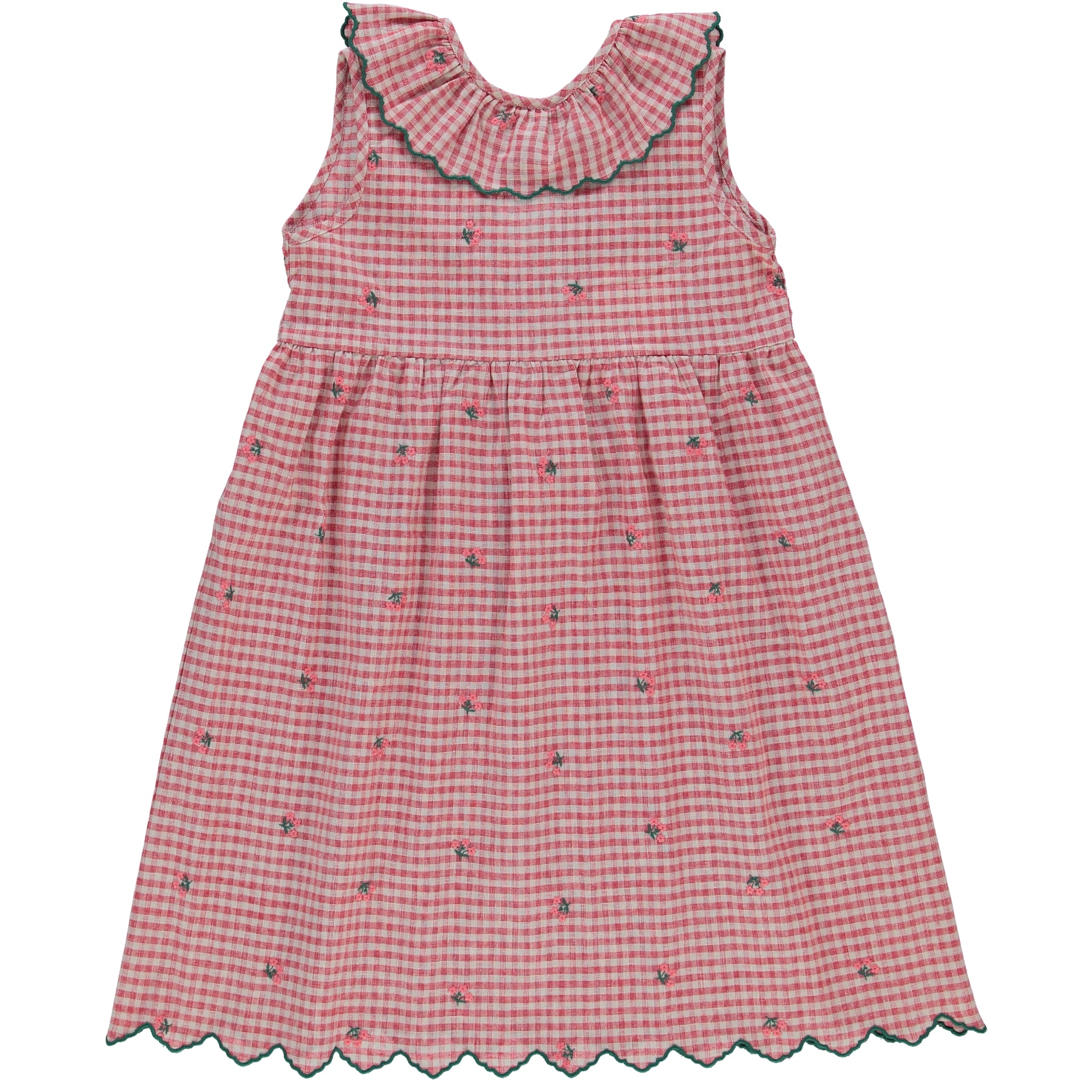 Girls Pink Check Embroidered Cotton Dress