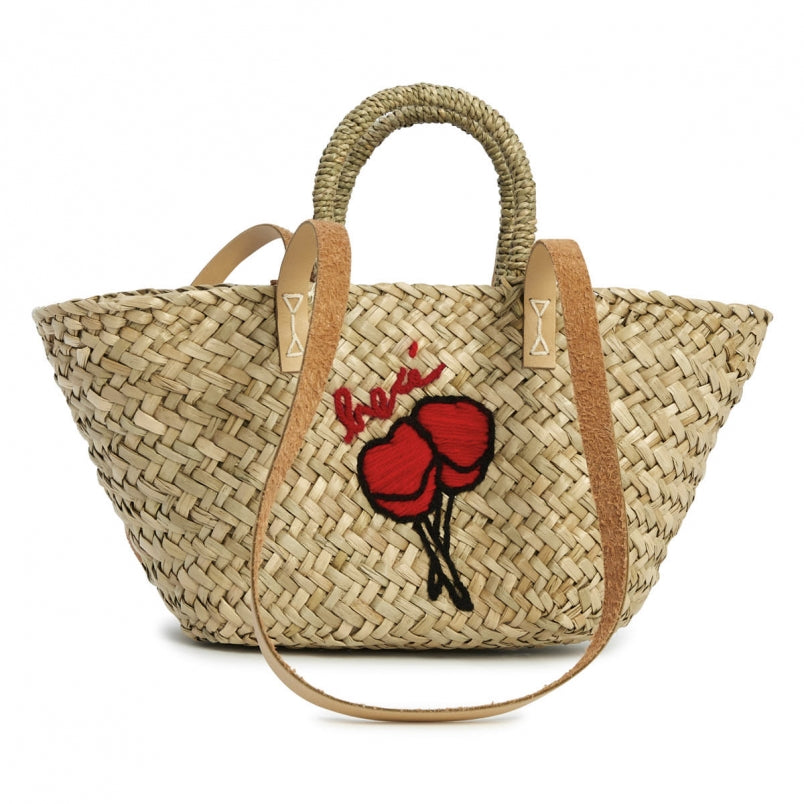 Girls Beige Straw Embroidered Basket