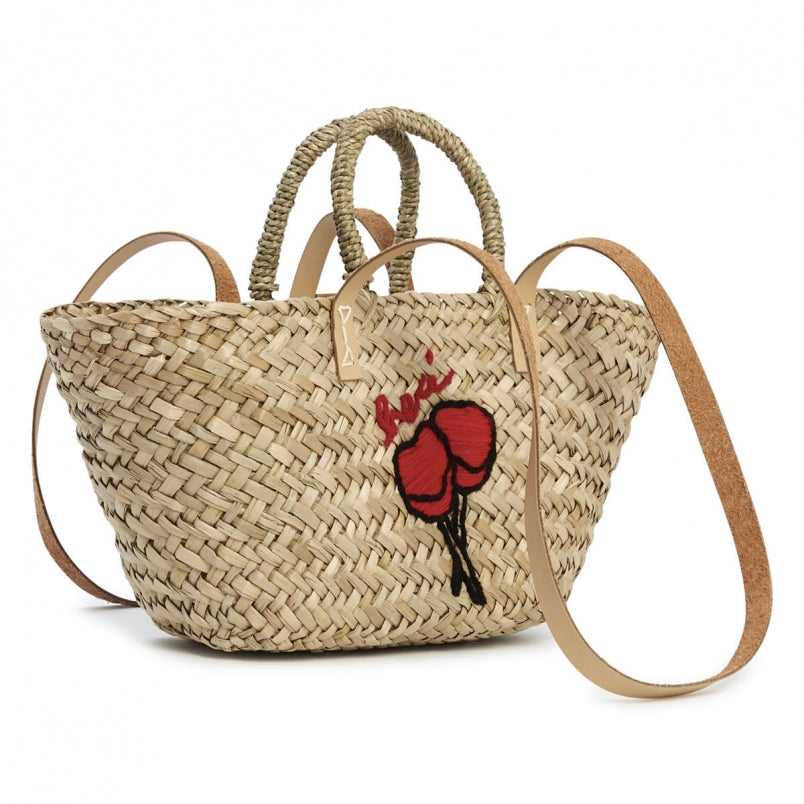 Girls Beige Straw Embroidered Basket