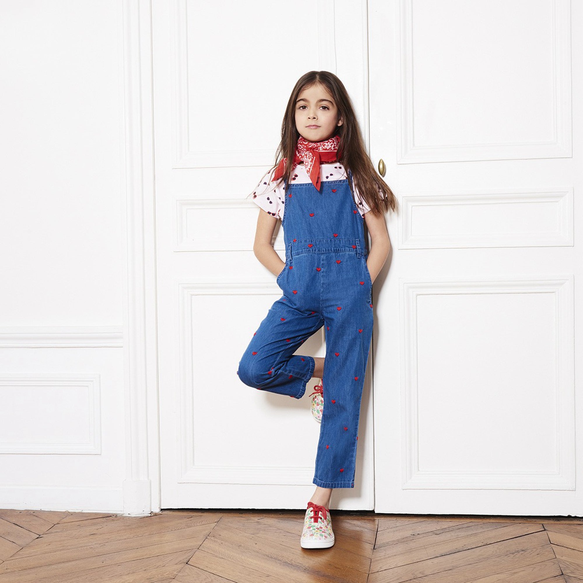 Girls Denim Blue Embroidered Overall