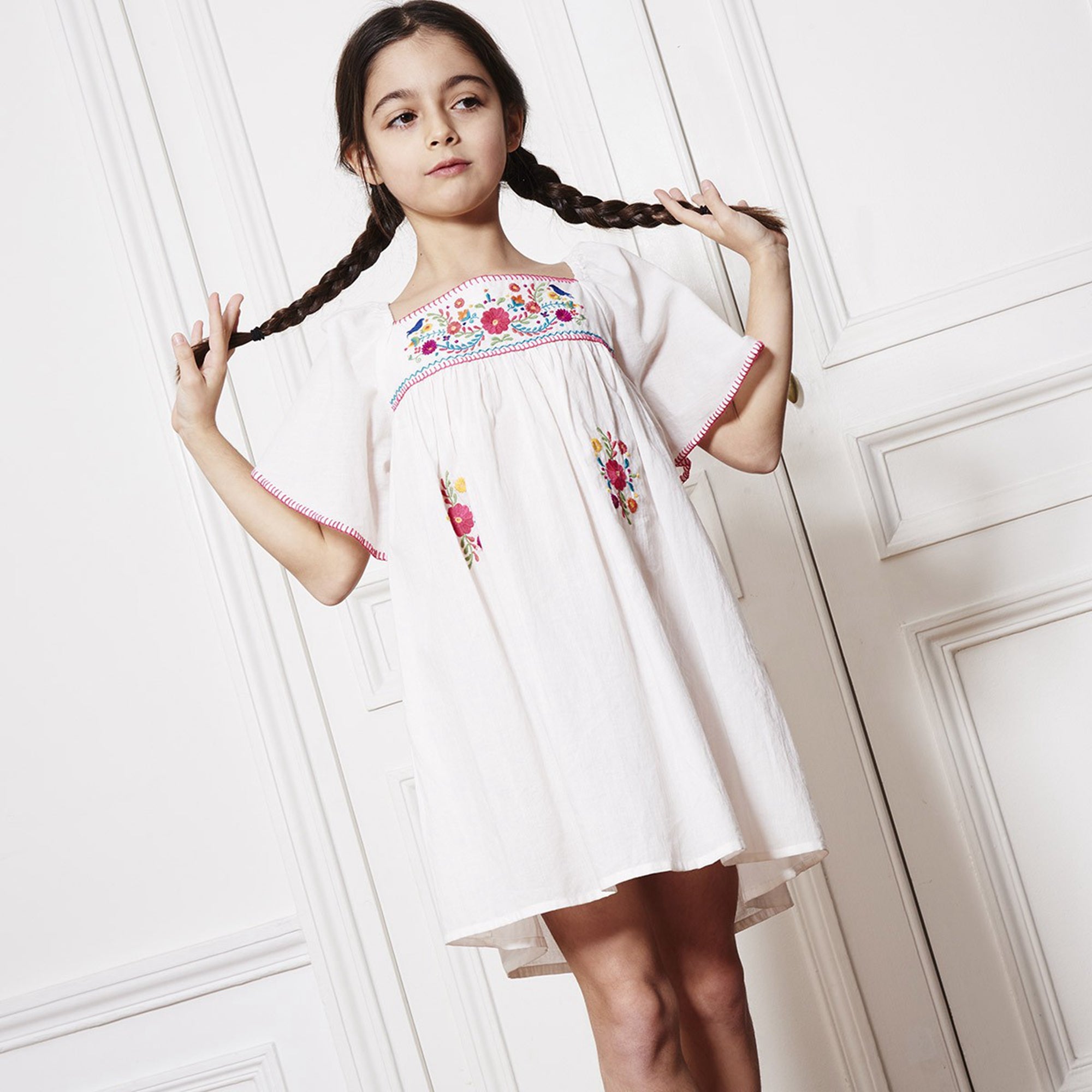 Girls White Cotton Embroidered Dress