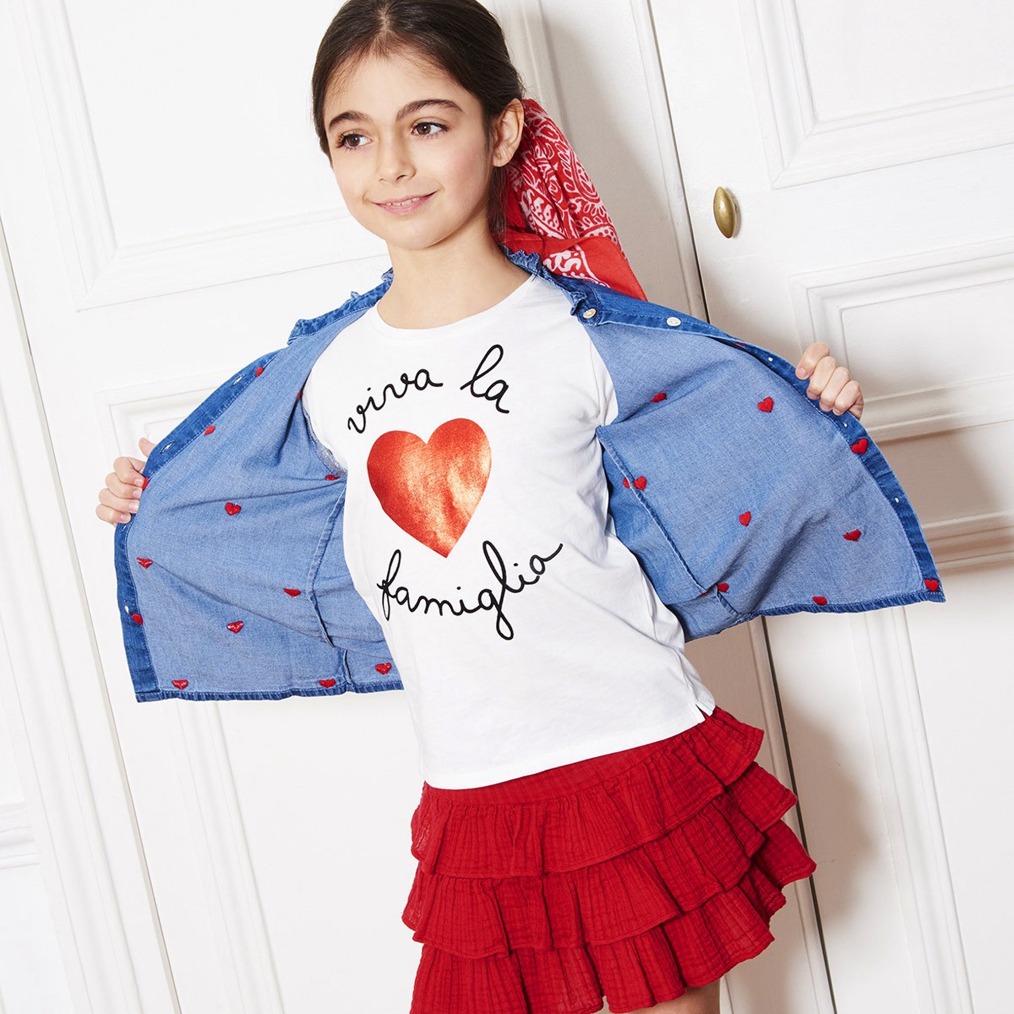 Girls White Heart Cotton T-shirt
