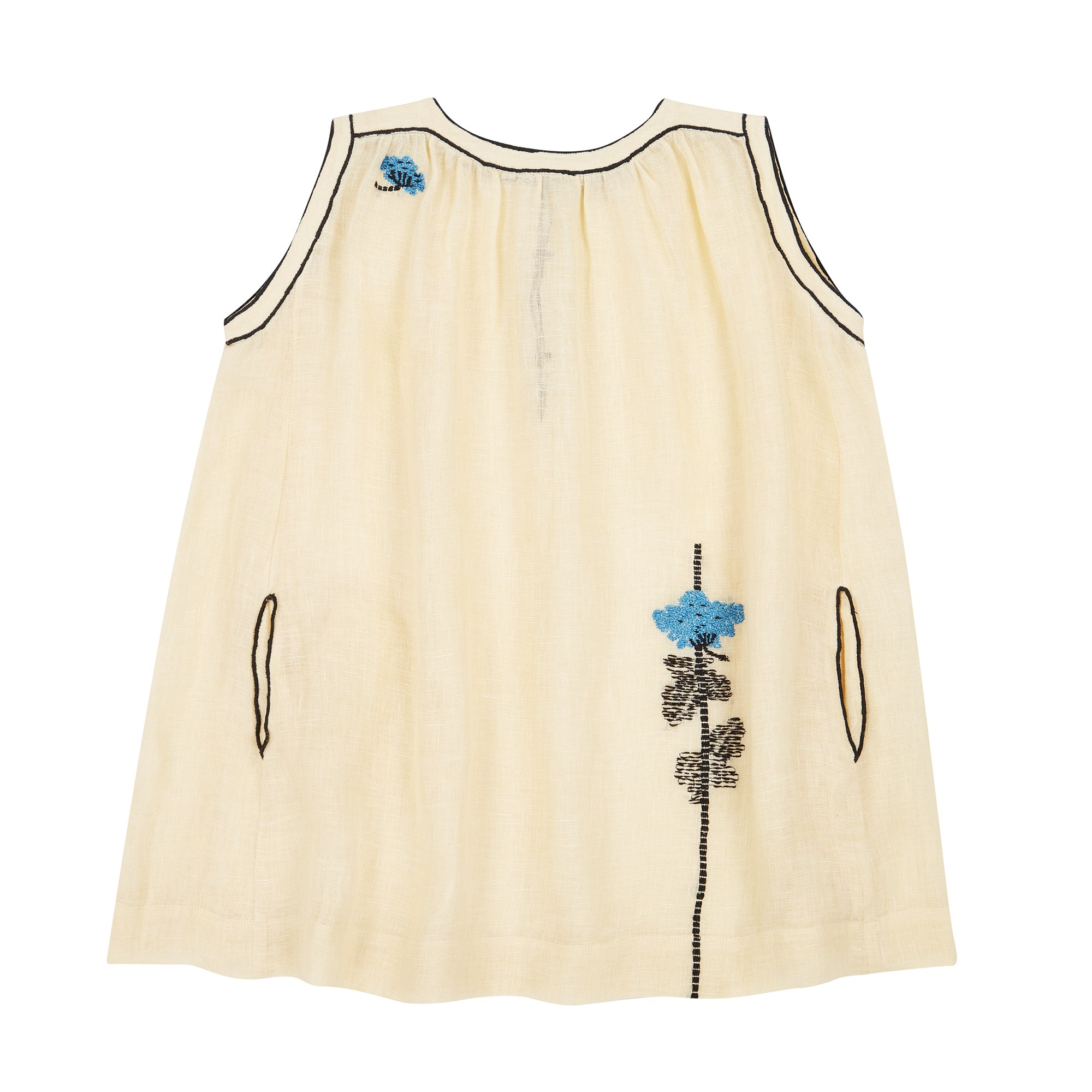 Girls Beige Embroidered Linen Dress
