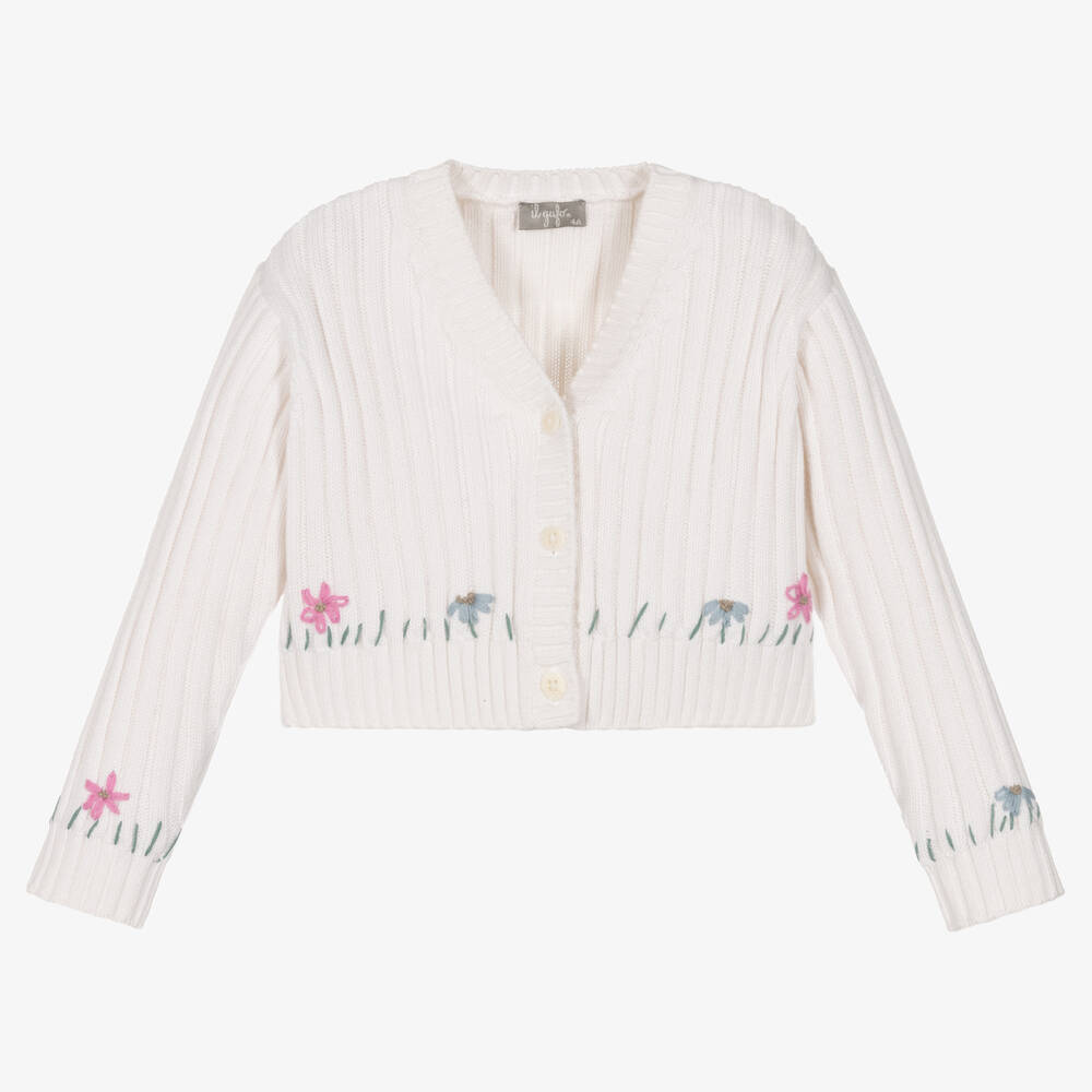 Girls White Embroidered Cardigan