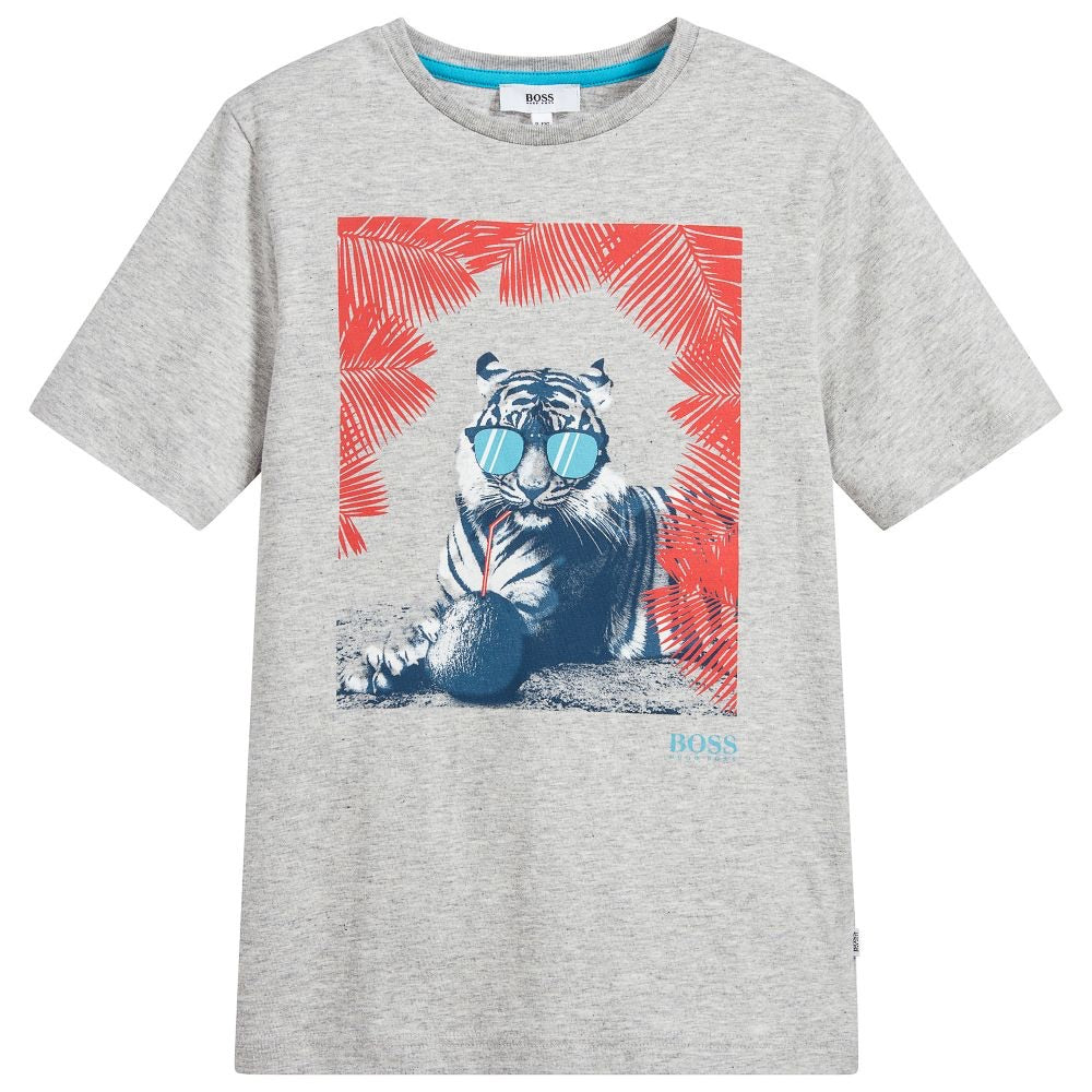 Boys Grey & Orange Cotton T-shirt