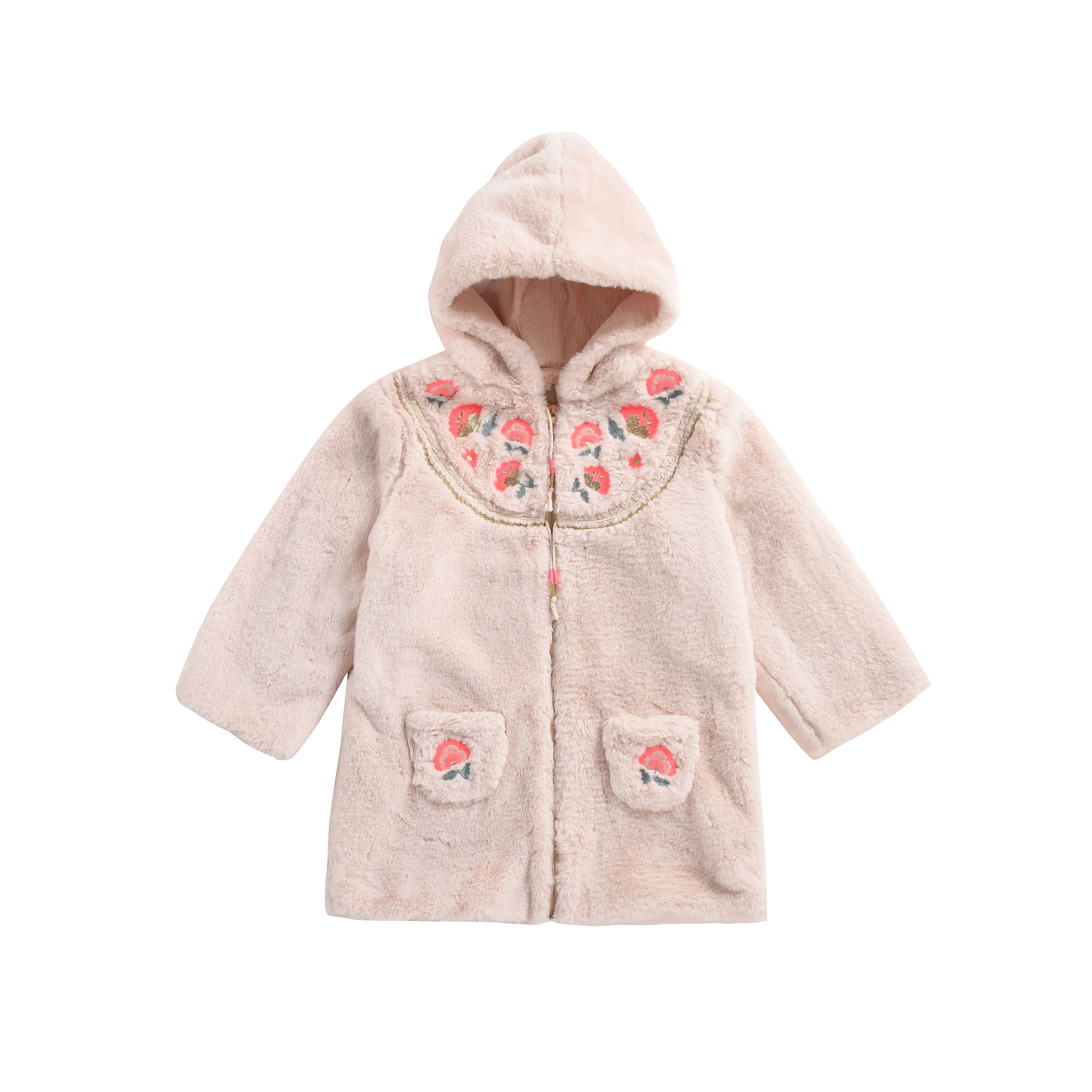 Girls Cream Embroidered Hooded Coat