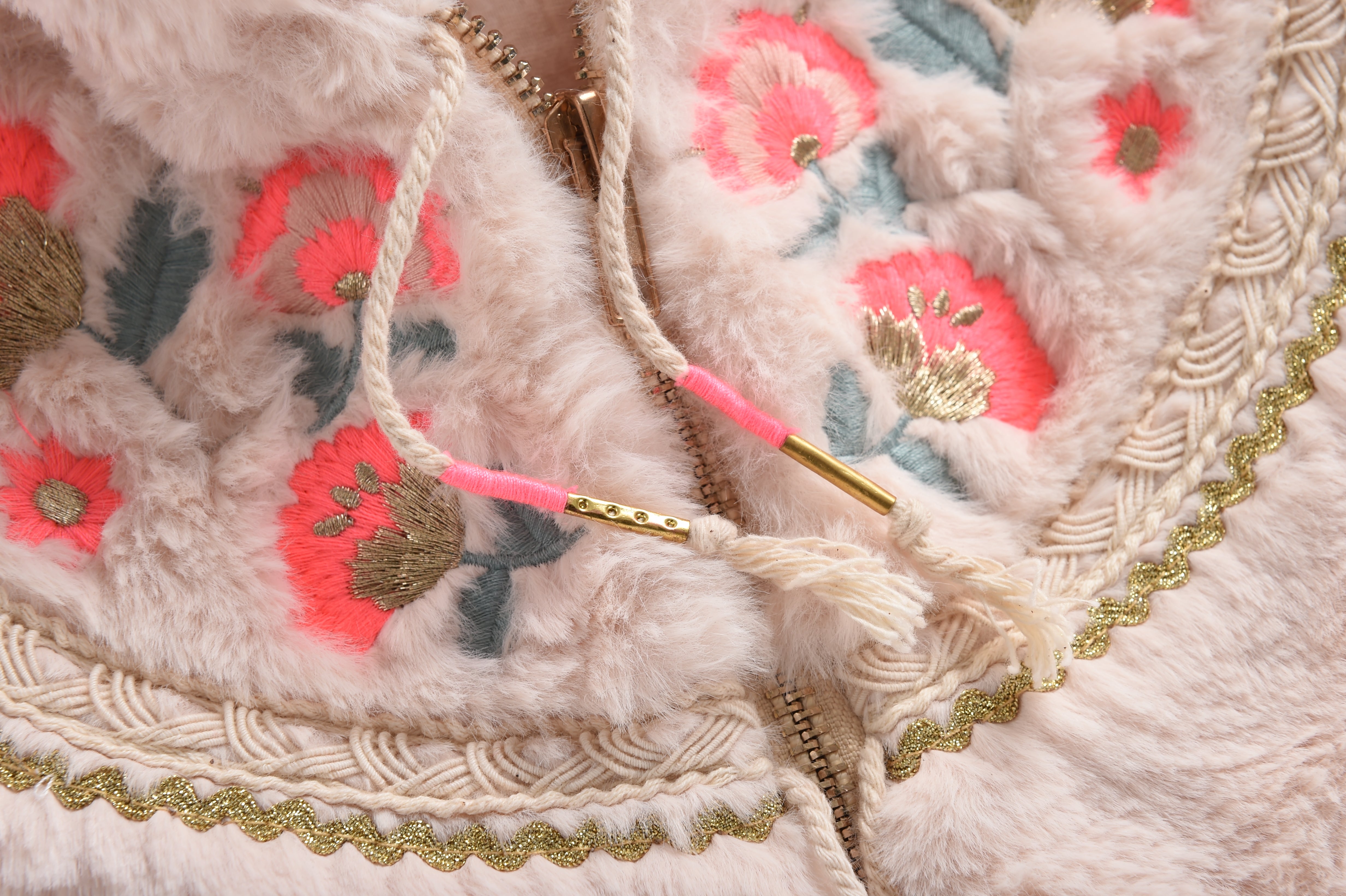 Girls Cream Embroidered Hooded Coat