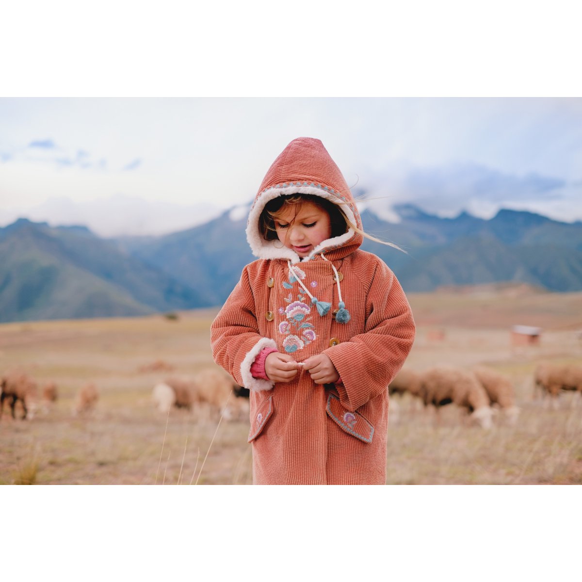 Girls Terracotta Embroidered Cotton Coat