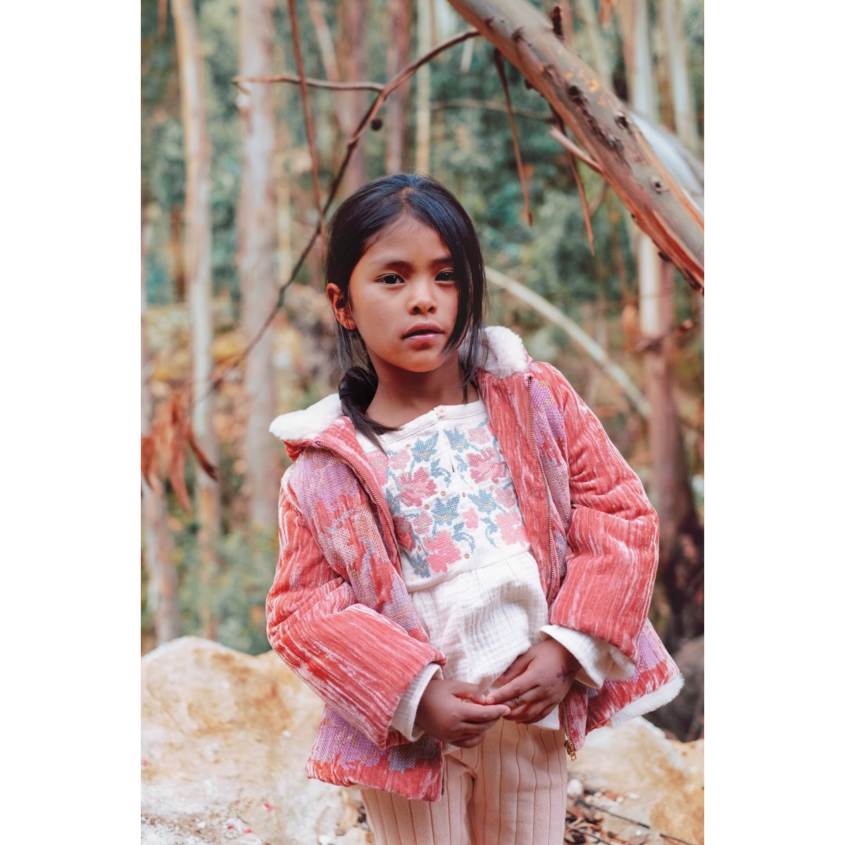 Girls Brick Red Embroidered Coat