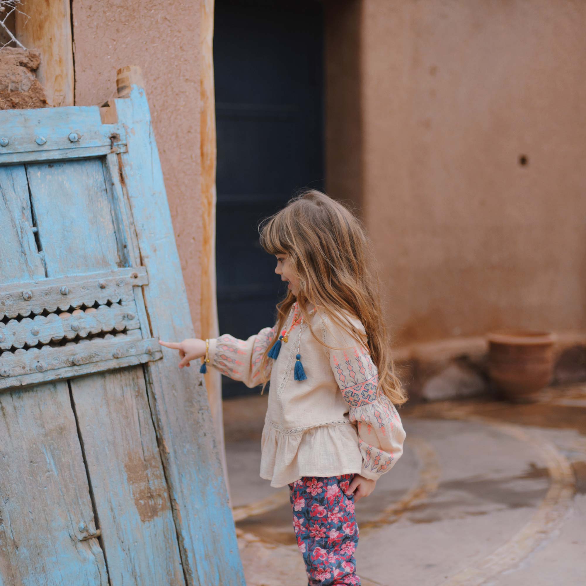 Girls Blue Flower Cotton Trousers