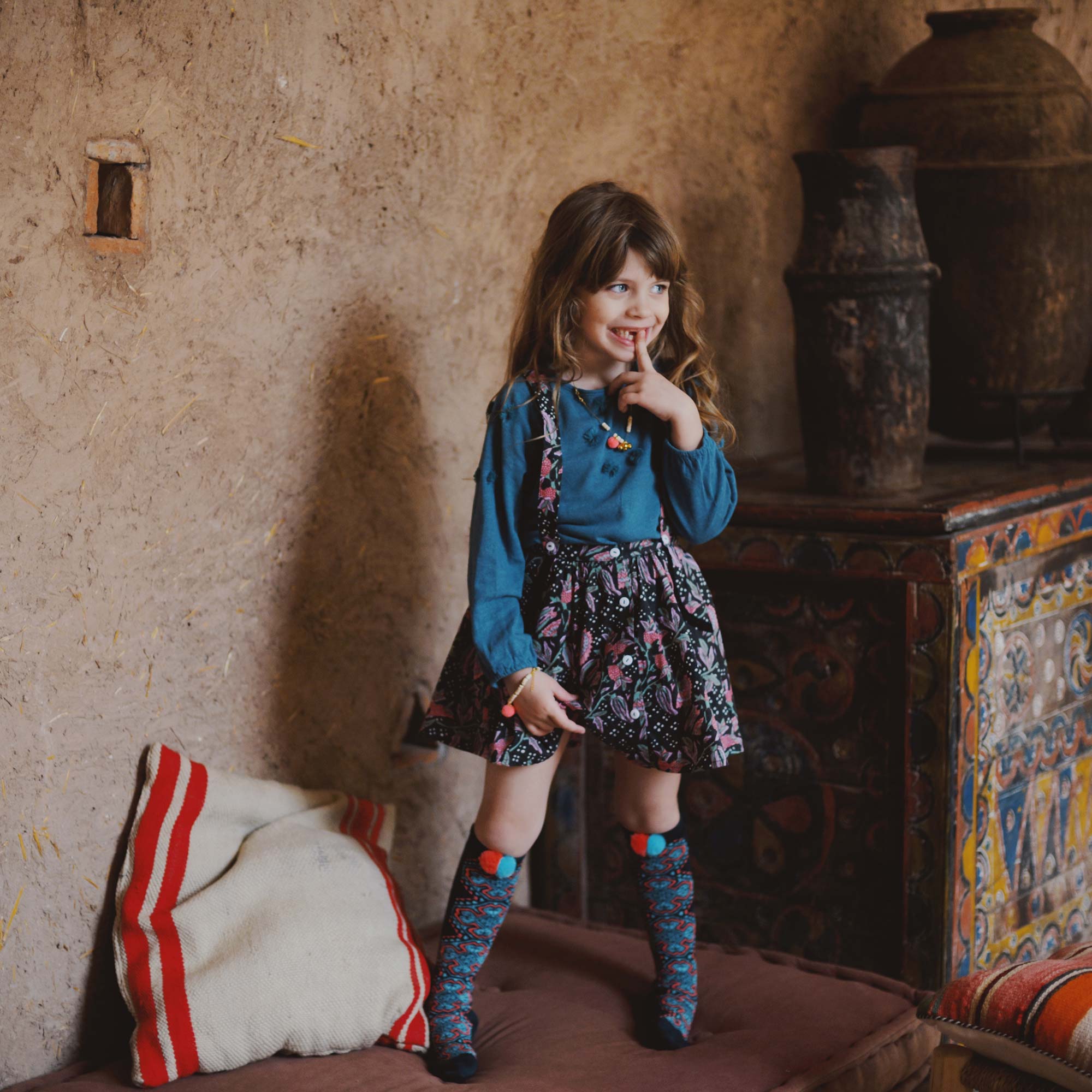 Girls Peacock Blue Cotton T-shirt