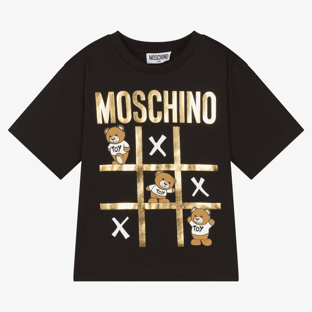 Boys & Girls Black Teddy Logo Cotton T-Shirt