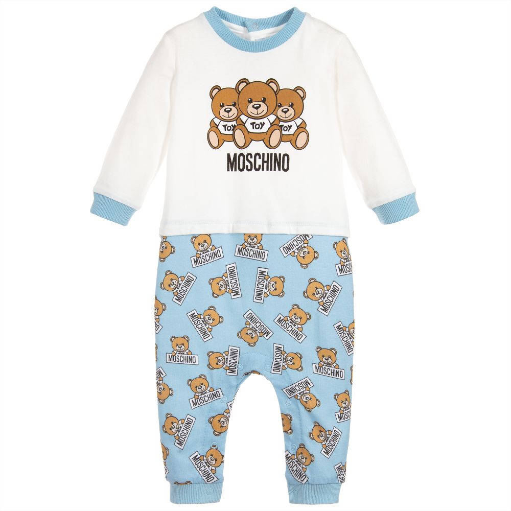 Baby Boys White & Blue Cotton Babysuit