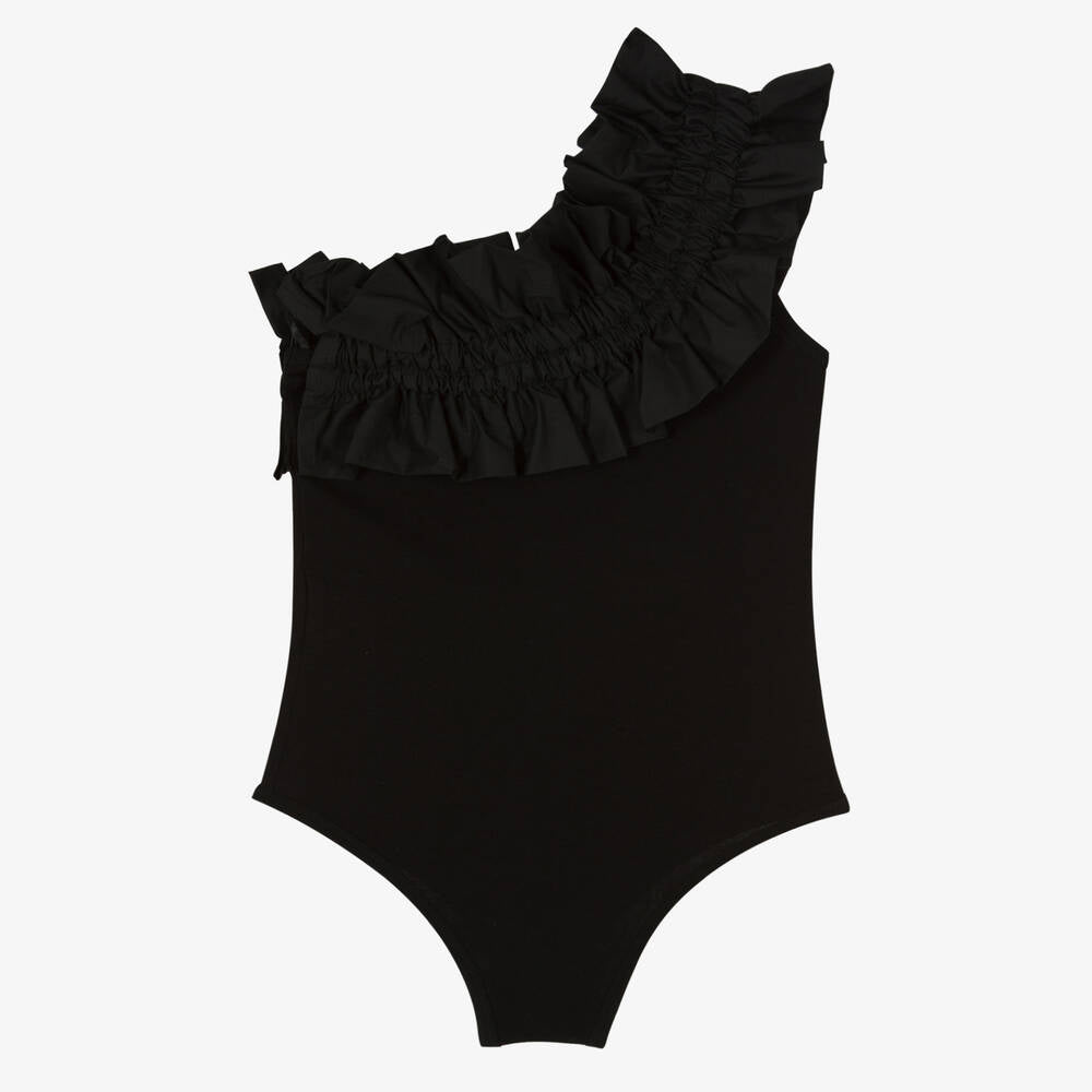 Girls Black Ruffled Bodysuit Top