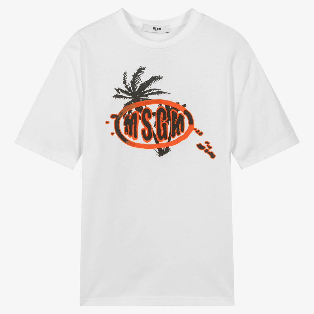 Boys White Printed Cotton T-Shirt