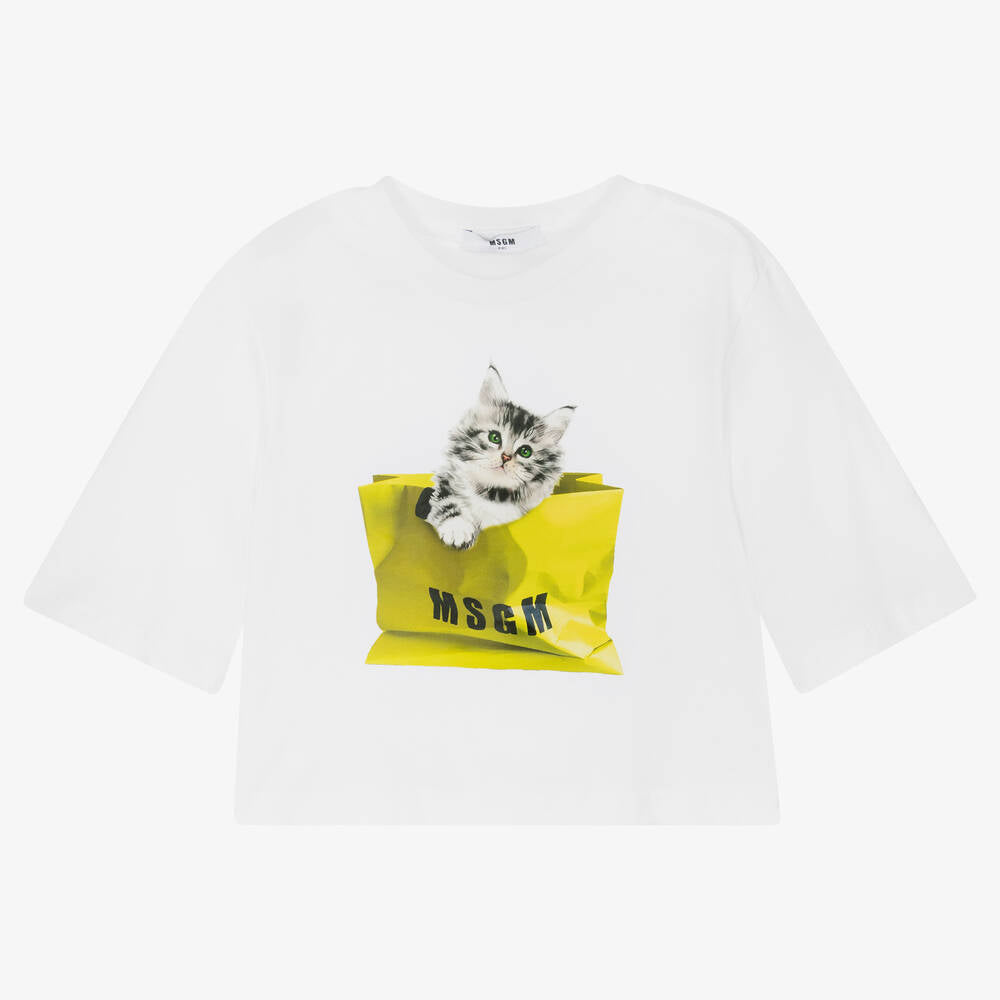 Girls White Printed Cotton T-Shirt