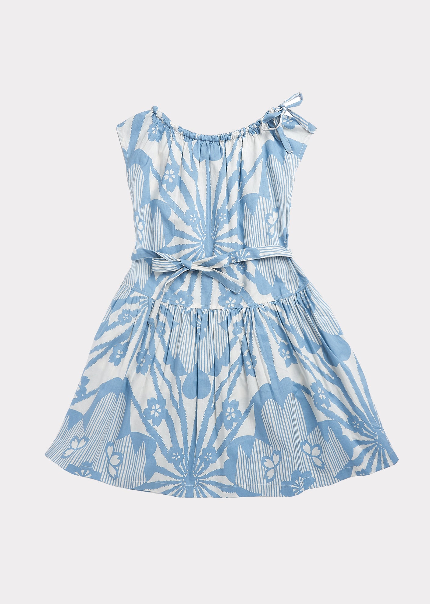 Girls Blue Flowers Print Cotton Dress