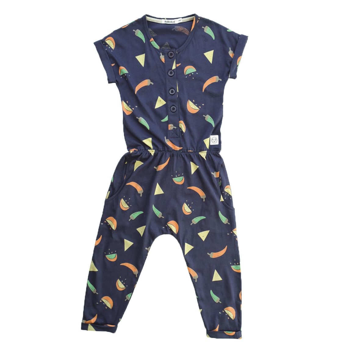 Girls Navy Blue Spicy Nacho Printed Cotton Jumpsuit - CÉMAROSE | Children's Fashion Store - 1